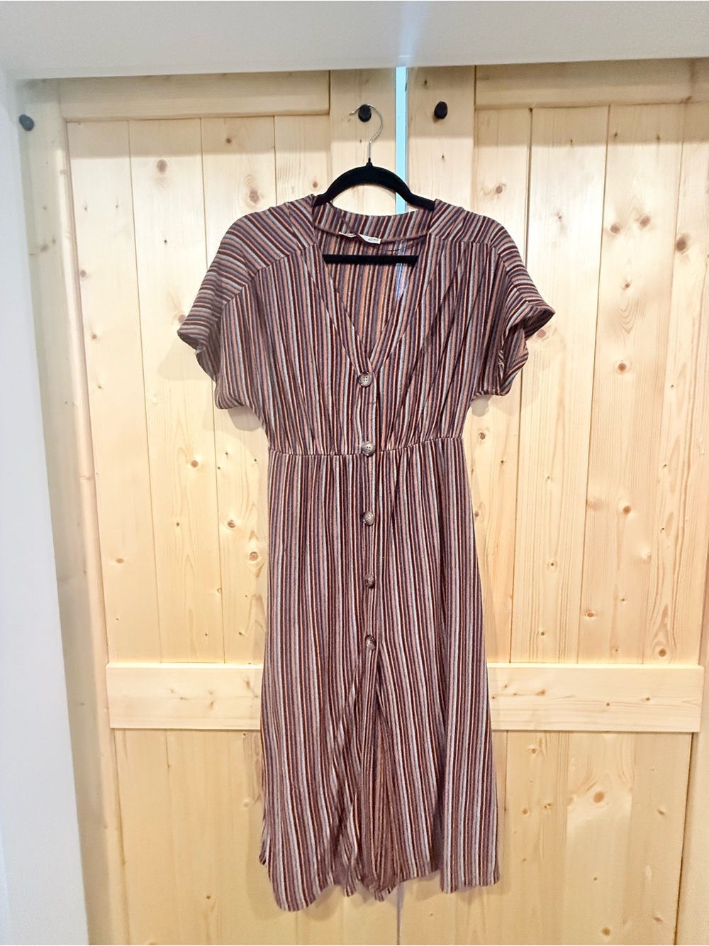 Pull&Bear Brown and Cream Striped Button Midi Dress